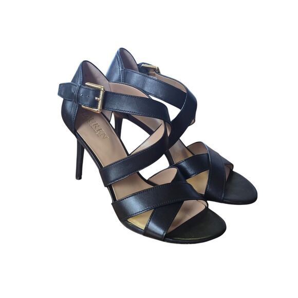 Ralph Lauren Gisella Black Leather Strappy Heels Classy Formal Wedding Work Prep - Picture 1 of 15